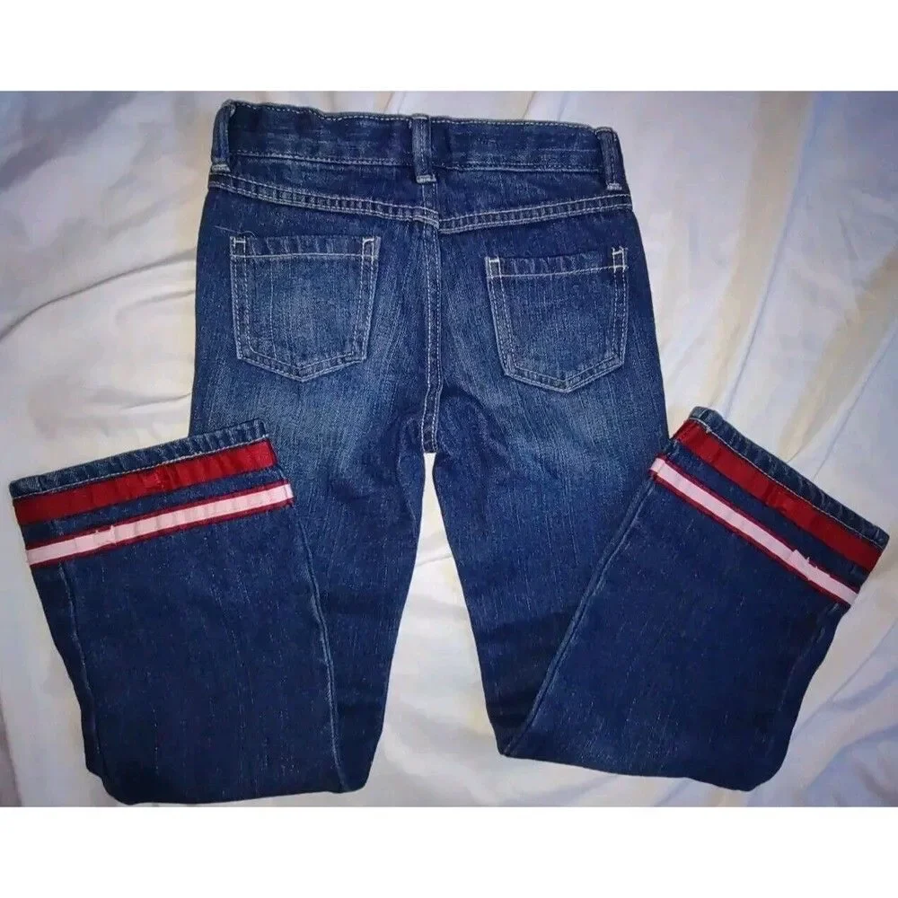 EUC Sz 6 Girls Gymboree Denim Jeans W/Stripes & Bows Adjustable Waist